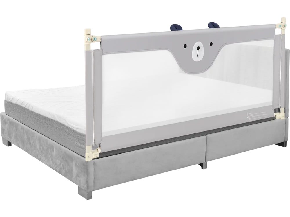 Vertical lifting baby bedrail guard in gray, featuring adjustable heights and a cute design for added safety.