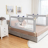 Vertical lifting gray baby bedrail guard with cute pattern, adjustable height, and double safety lock for added child.