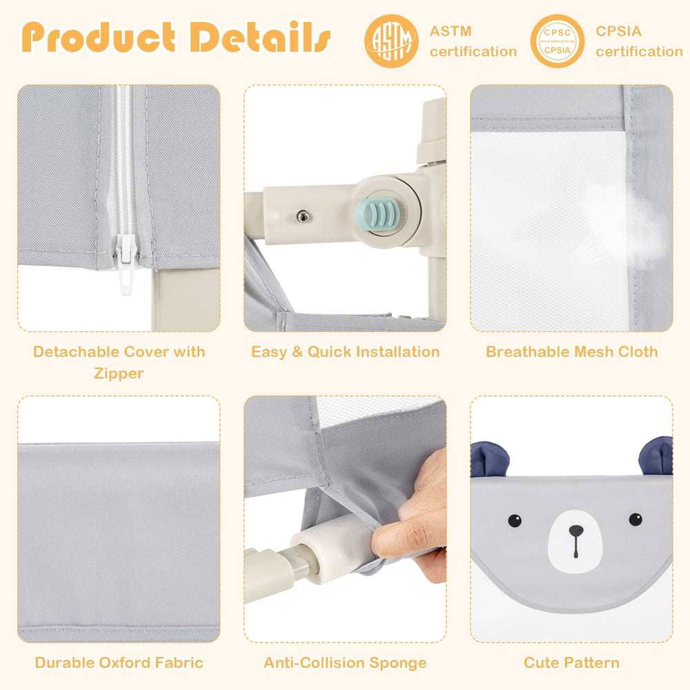 Vertical lifting baby bedrail guard in gray with breathable mesh, detachable cover, and anti-collision sponge for.