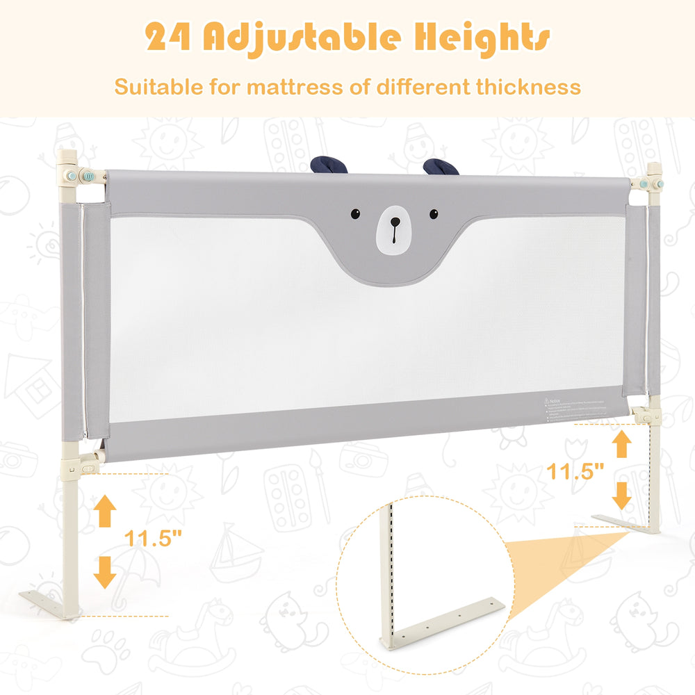 Vertical lifting baby bedrail guard in gray with 24 adjustable heights for various mattress thicknesses.