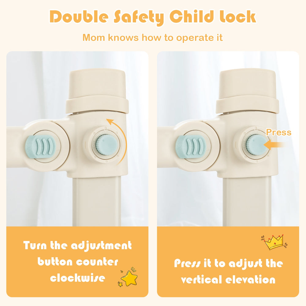 Vertical lifting baby bedrail guard in gray with double safety lock and adjustable height for enhanced child safety.