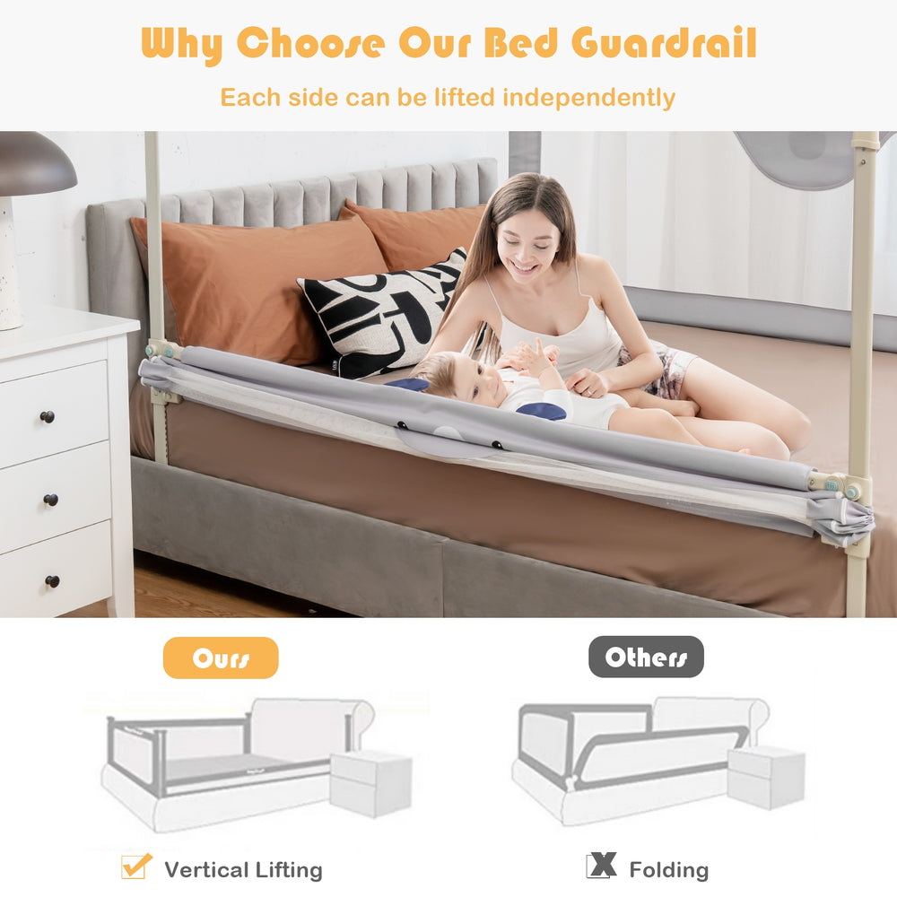 Vertical lifting baby bedrail guard in gray, featuring adjustable heights and safety lock for added child protection.