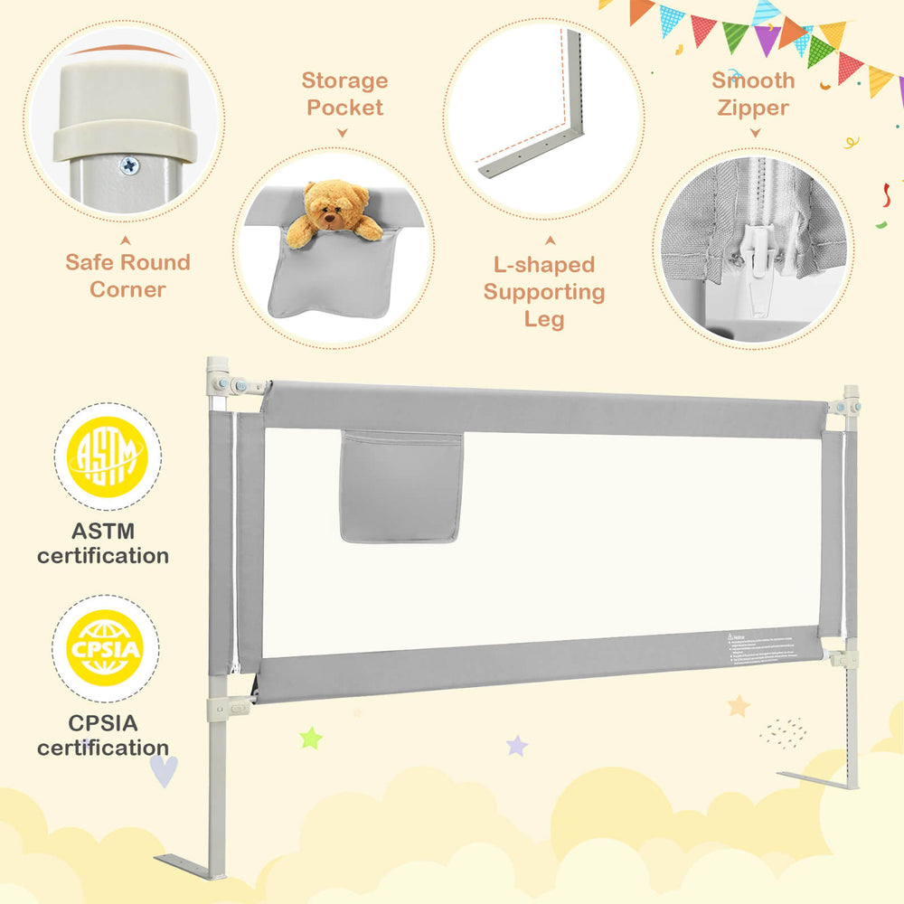 Gray 76.8-inch baby bed rail with double safety lock, storage pocket, and breathable mesh for secure sleep.