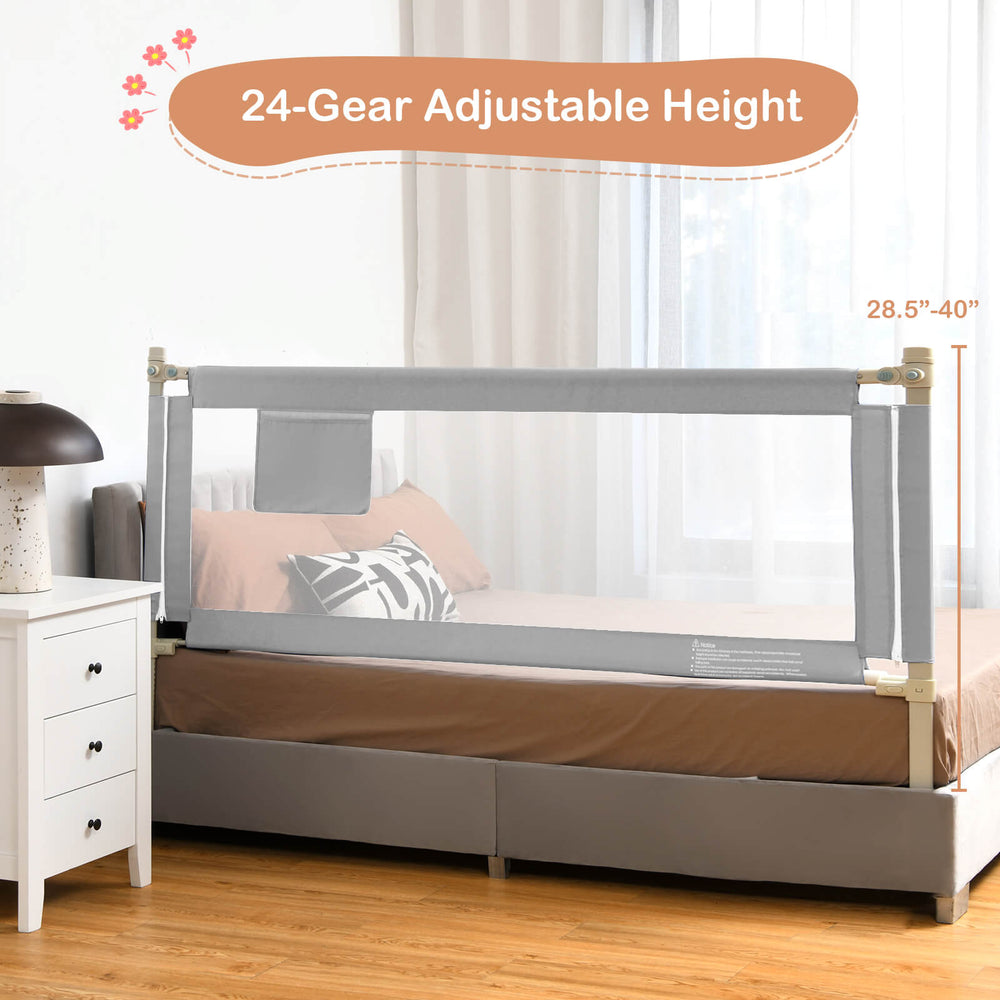 Baby bed rail in gray with 24-gear adjustable height, designed for safety and stability, suitable for various mattress.