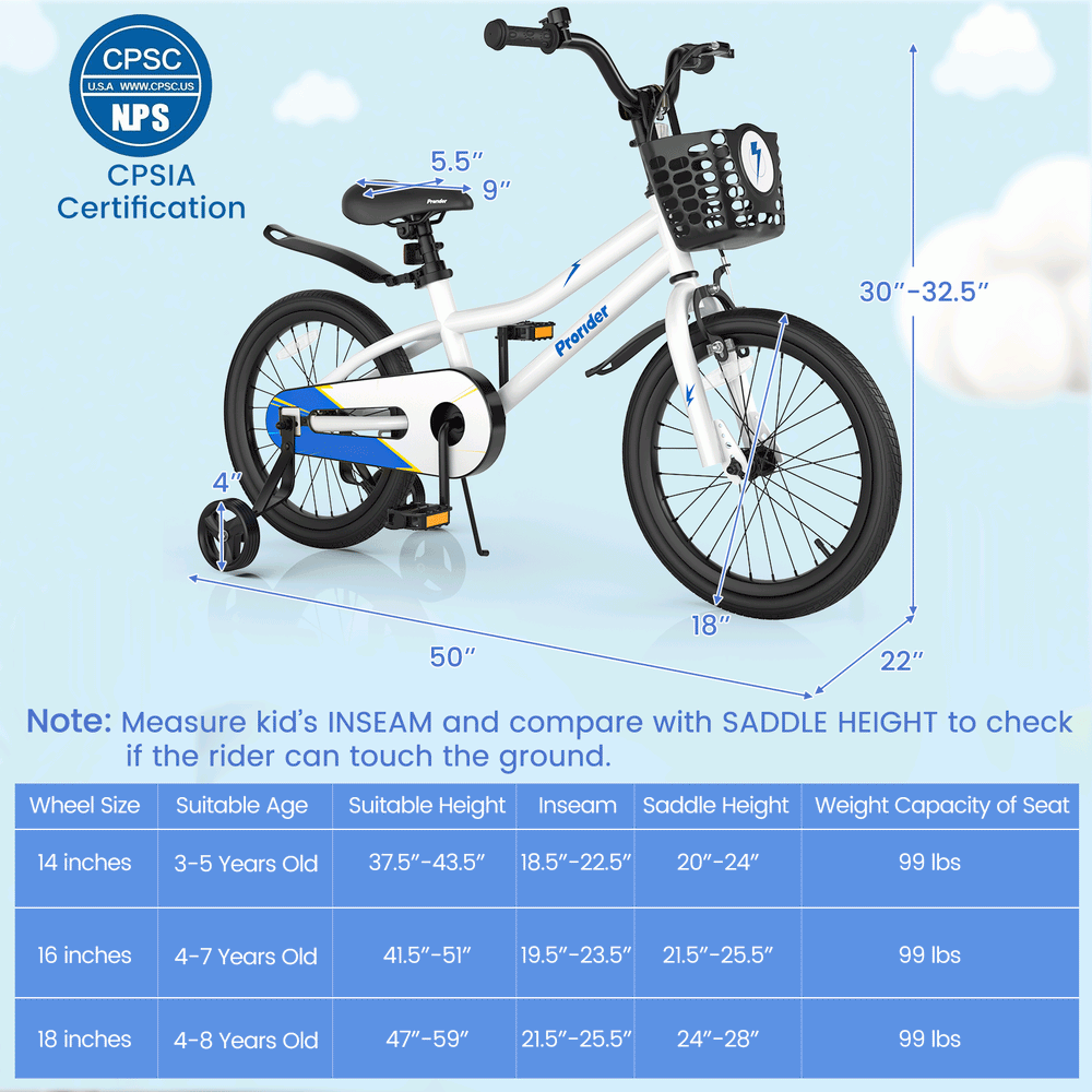 Kids' 18-inch bike in white with removable training wheels, adjustable seat, hand brake, and storage basket for fun.