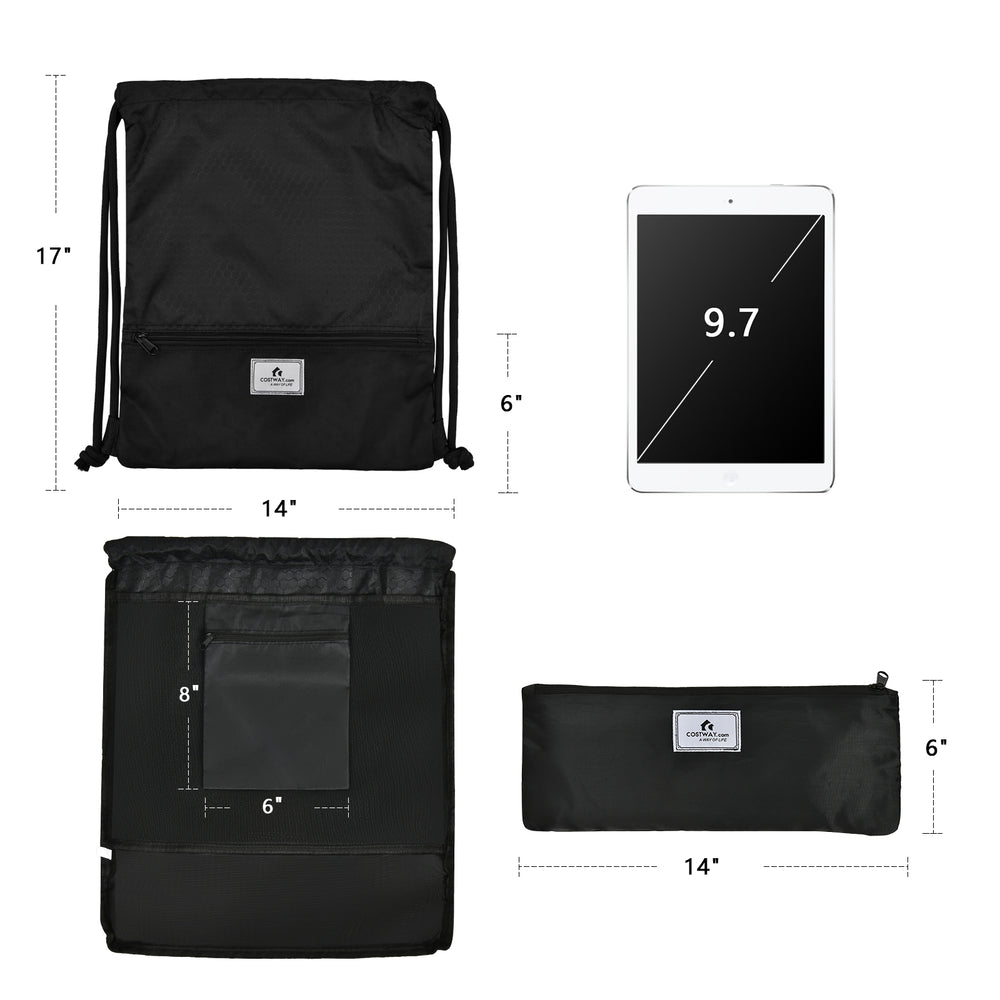 Drawstring backpack in black with zipper pockets, featuring a foldable design and upgraded shoulder straps for comfort.