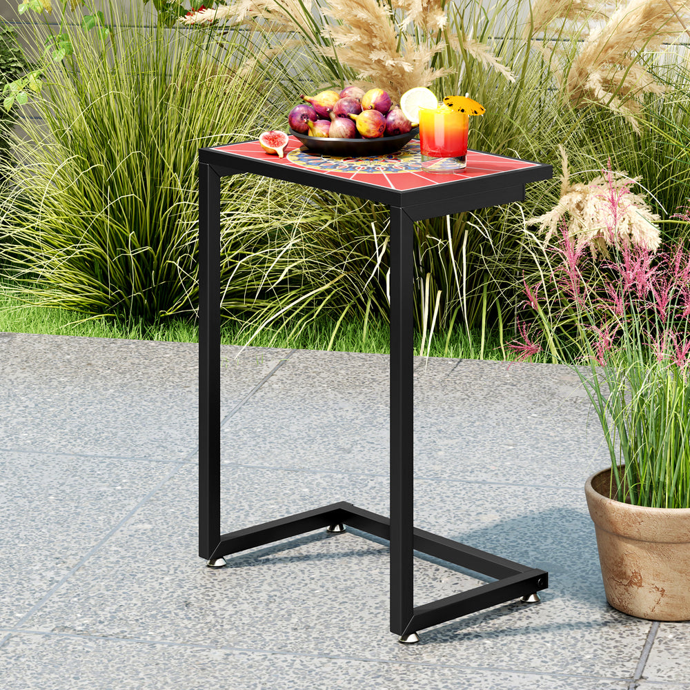 C-shaped outdoor side table with ceramic top, waterproof surface, perfect for patio or indoor use.