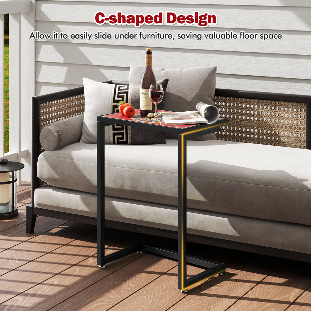 C-shaped outdoor side table with ceramic top, waterproof design for easy cleaning, perfect for patio or sofa use.