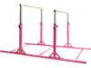 Kids adjustable height gymnastics parallel bars in pink, suitable for ages 6-12, promoting exercise and coordination.