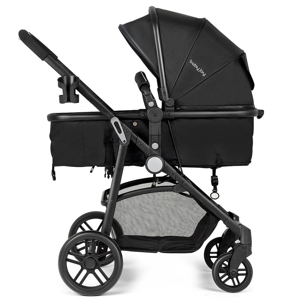 Side view of the black 2-in-1 foldable baby stroller with adjustable canopy and large storage basket for convenience.