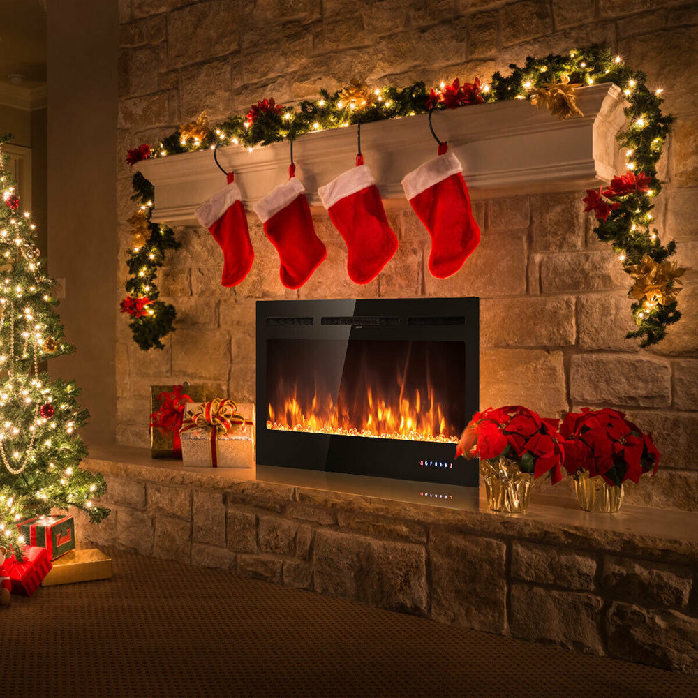 50-inch recessed electric fireplace with adjustable brightness, featuring 9 flame colors for a cozy ambiance.