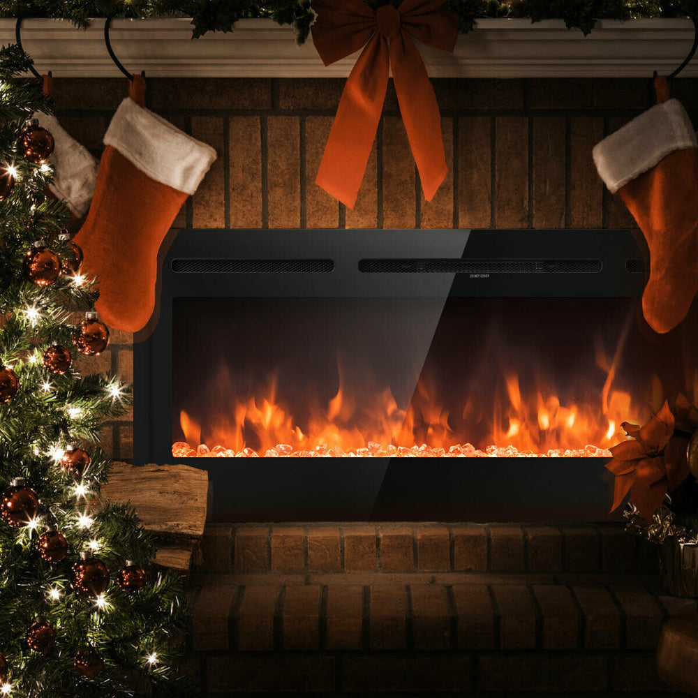 50-inch recessed electric fireplace with adjustable brightness, featuring 9 flame colors for a cozy ambiance during.