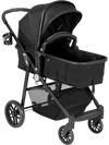 2-in-1 foldable black baby stroller with adjustable backrest, canopy, and large storage basket for infants.