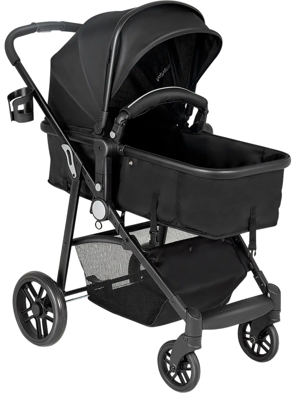 2-in-1 foldable black baby stroller with adjustable backrest, canopy, and large storage basket for infants.