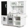Wooden pretend play kitchen set featuring a stove, sink, refrigerator, and water dispenser for realistic cooking fun.