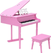 Mini pink grand piano with 30 keys and matching bench, ideal musical toy for children aged 1 to 7.
