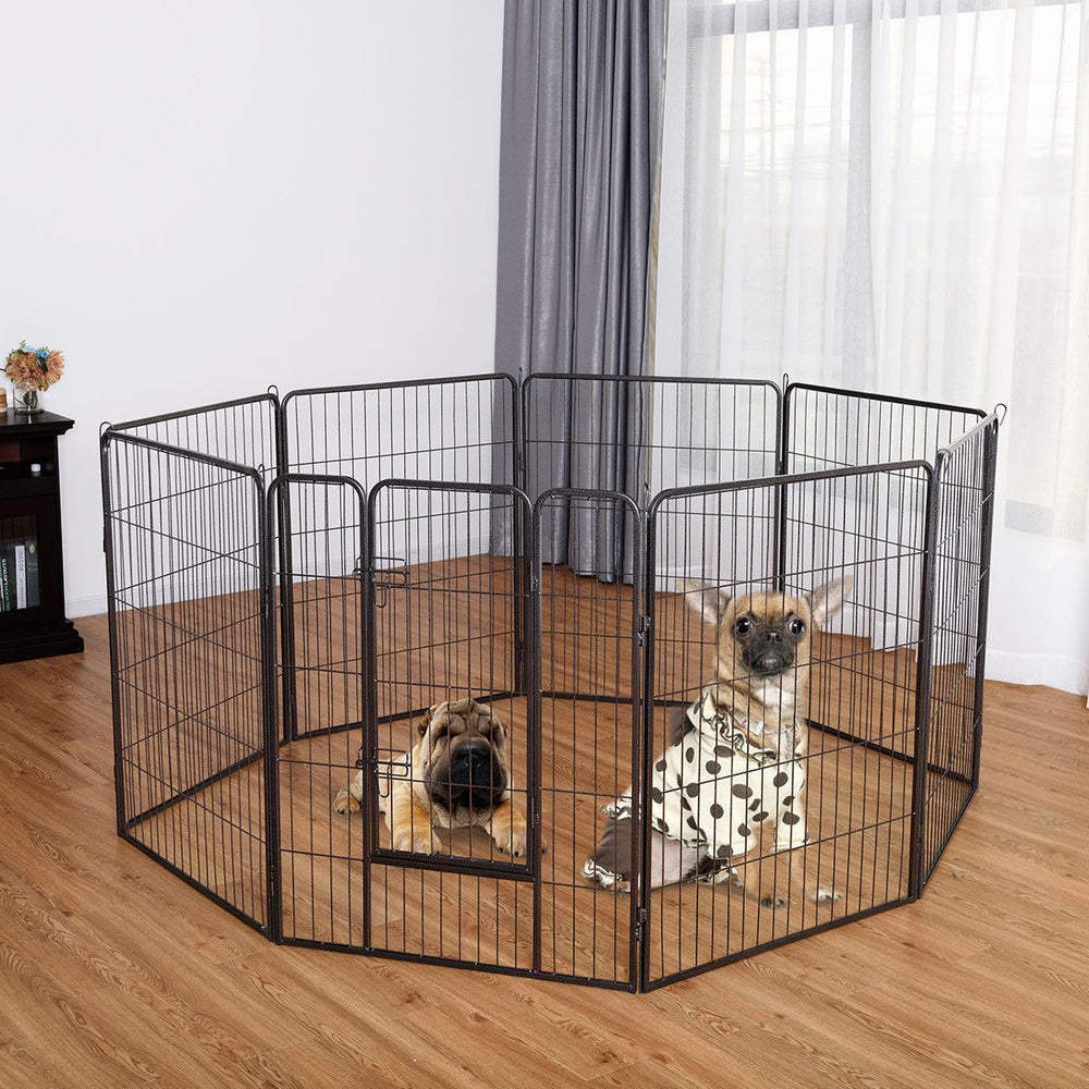Heavy-duty 8-panel pet playpen with door, rust-resistant metal, designed for indoor or outdoor pet exercise and safety.