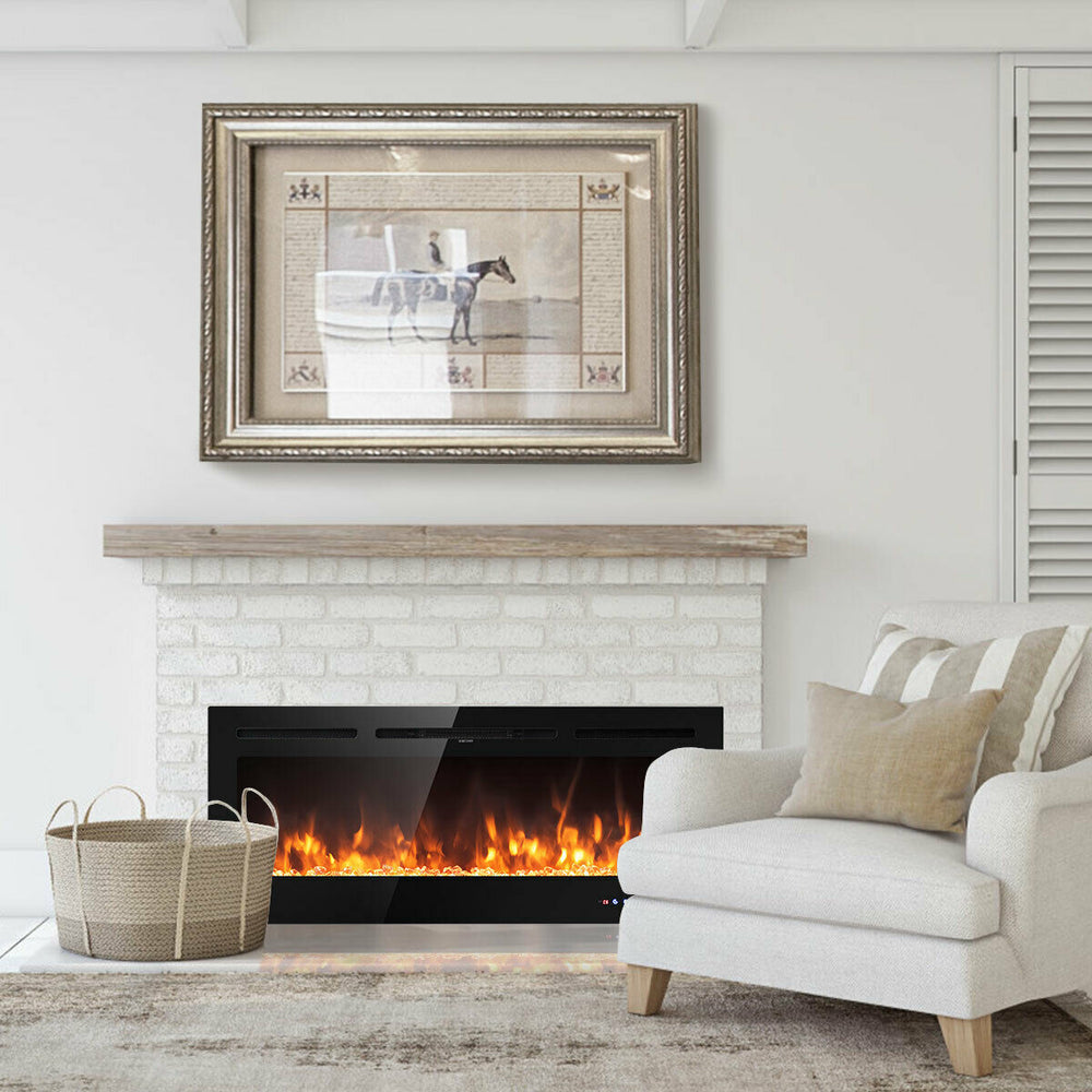 50-inch recessed electric fireplace with adjustable brightness, showcasing realistic flame effects for cozy indoor.