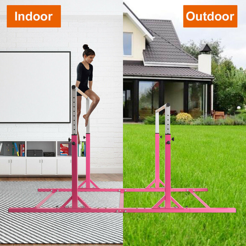 Kids adjustable gymnastics parallel bars in pink, height adjustable from 38" to 55", ideal for indoor and outdoor use.