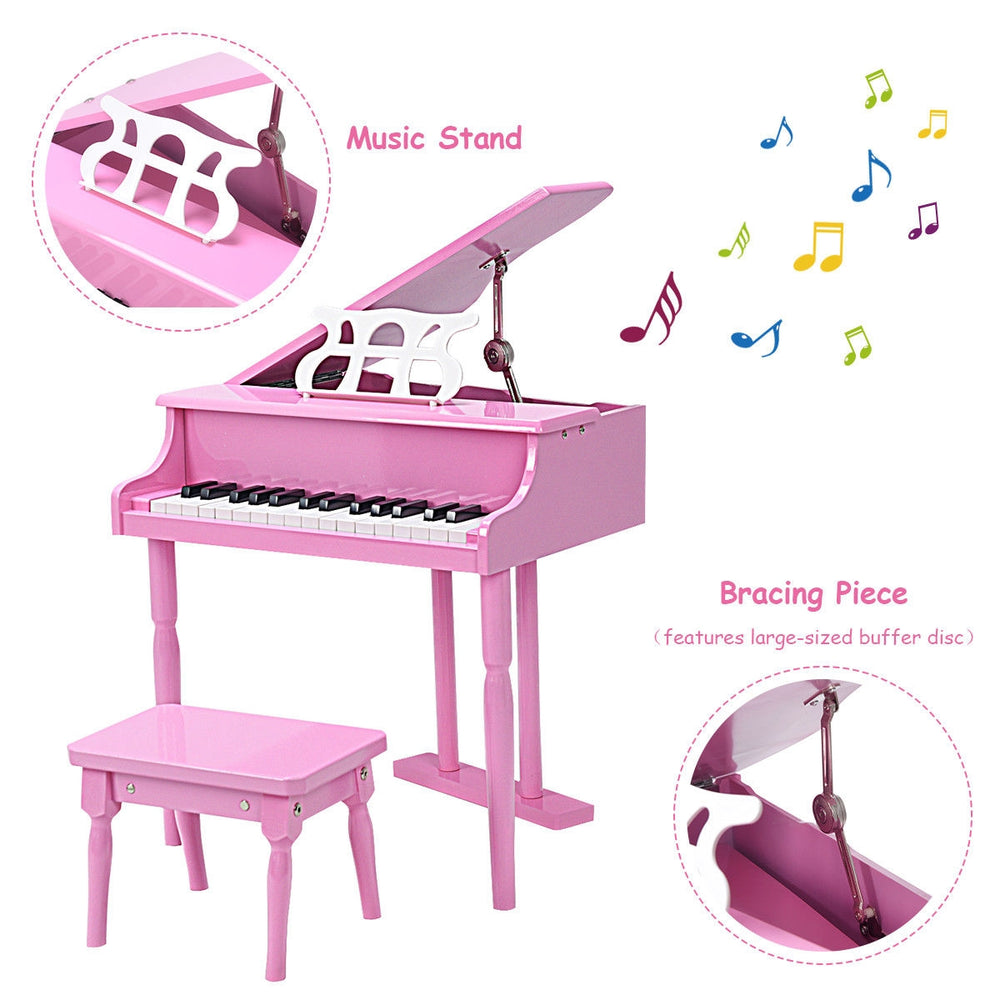 Mini grand piano in pink with 30 keys, matching bench, and music stand, ideal for children aged 1 to 7.