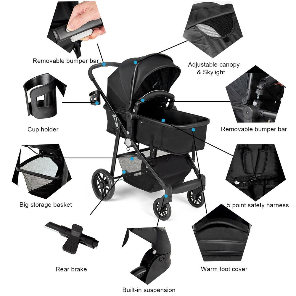 2-in-1 foldable baby stroller in black with adjustable canopy, large storage basket, and five-point safety harness for.