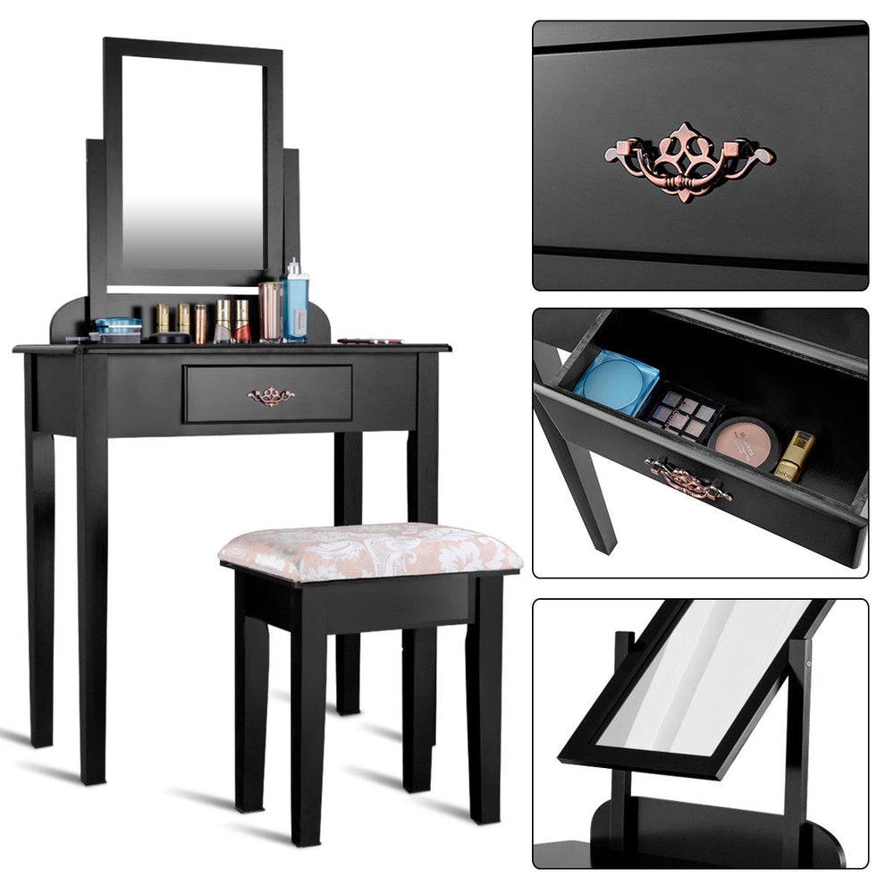 Vanity dressing table set with large square mirror, solid wood, and MDF, includes a comfortable stool for makeup.