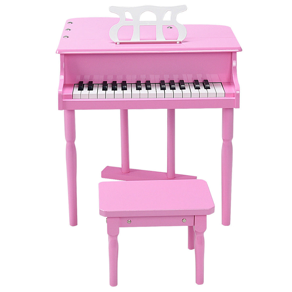 Mini grand piano in pink with 30 keys and matching bench, ideal musical toy for children aged 1 to 7.