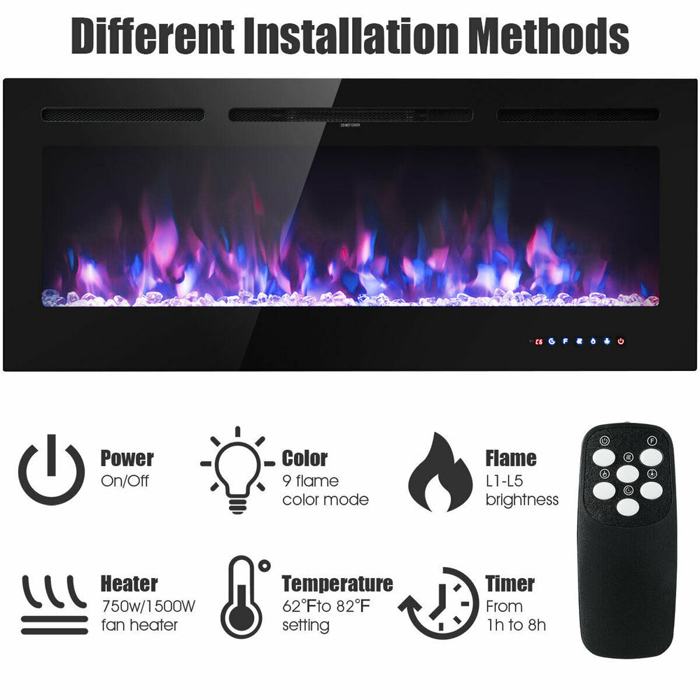 50-inch recessed electric fireplace with adjustable brightness, 9 flame colors, and remote control for cozy ambiance.