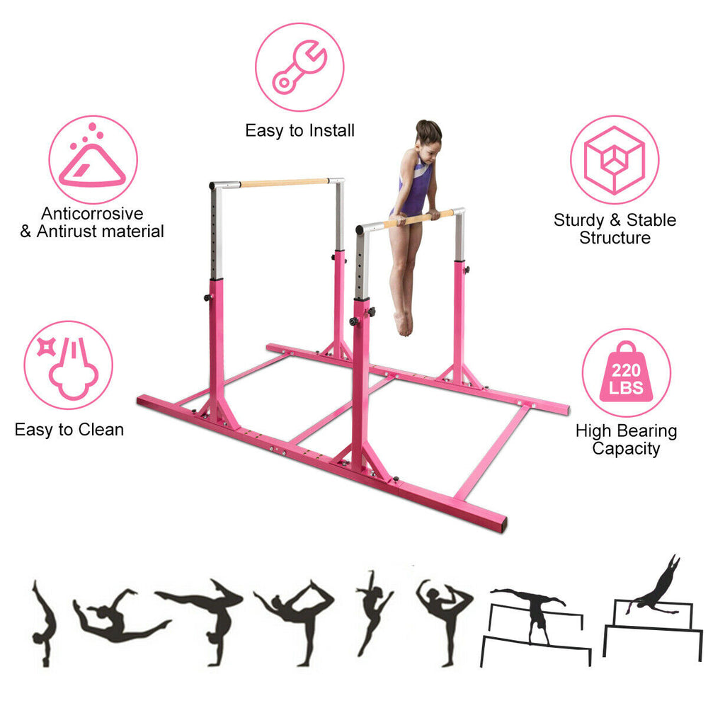 Kids adjustable gymnastics parallel bars in pink, height adjustable from 38" to 55", sturdy A3 steel for safe training.