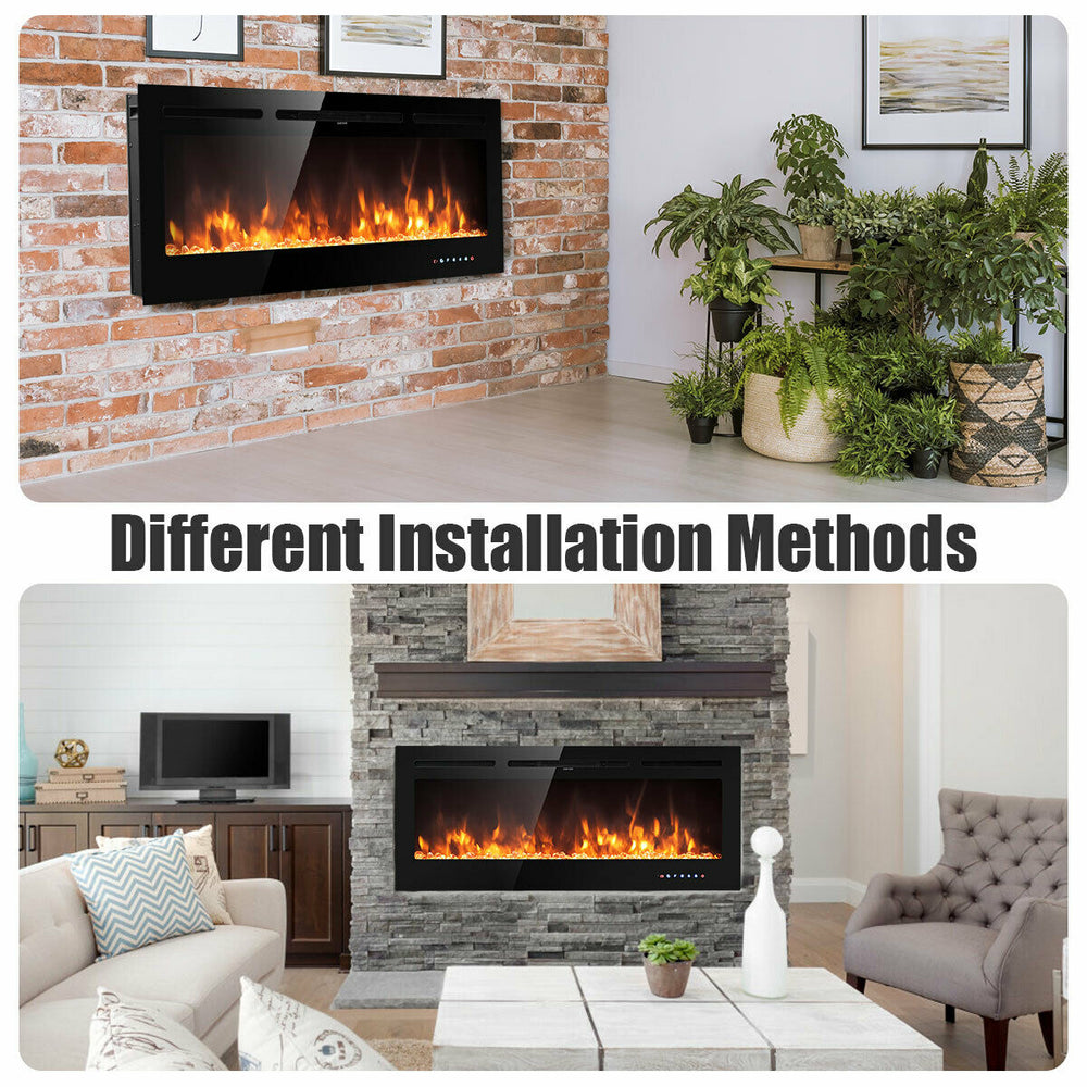 50-inch recessed electric fireplace with adjustable brightness, showcasing different installation methods for versatile.