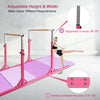 Kids adjustable gymnastics parallel bars in pink, height 38"-55", designed for various exercises and stability.