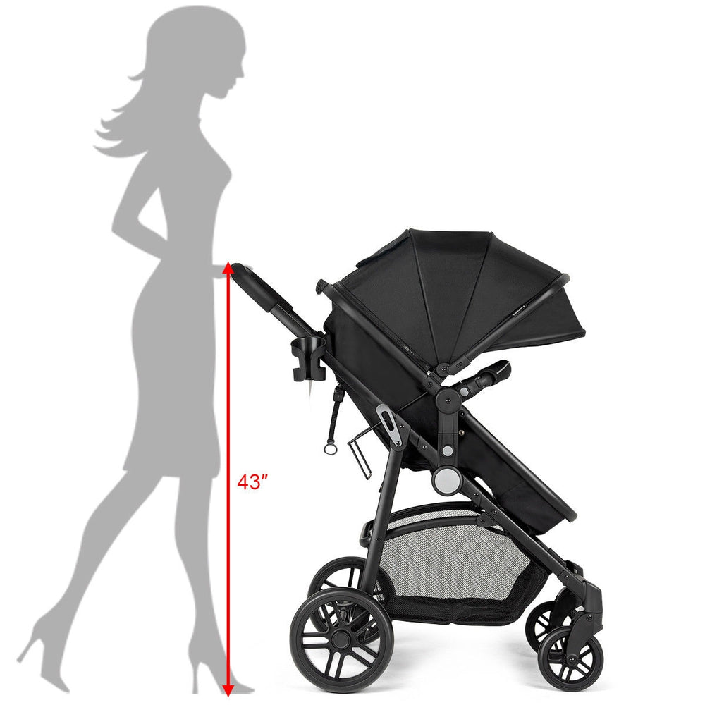 2-in-1 foldable black baby stroller with adjustable canopy, reclining seat, and large storage basket for infants.