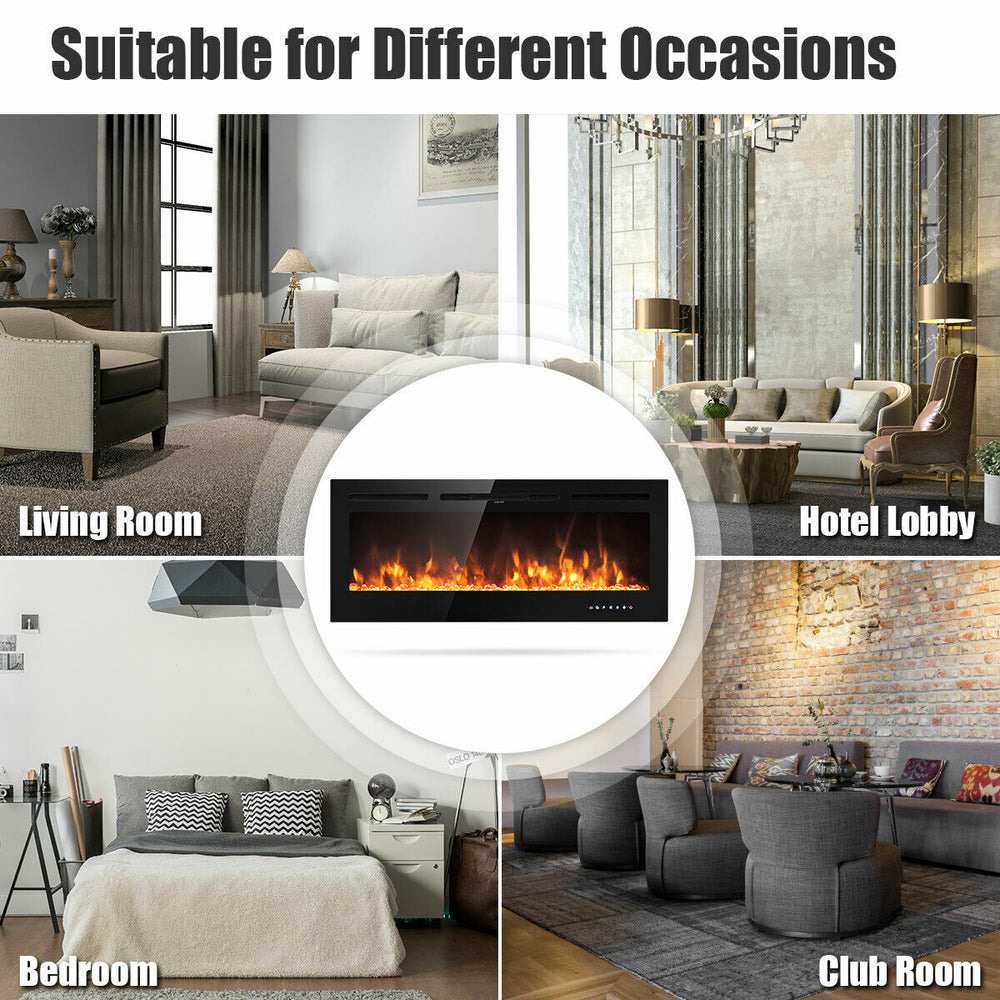 50-inch recessed electric fireplace with adjustable brightness, showcasing 9 flame colors for cozy living spaces.