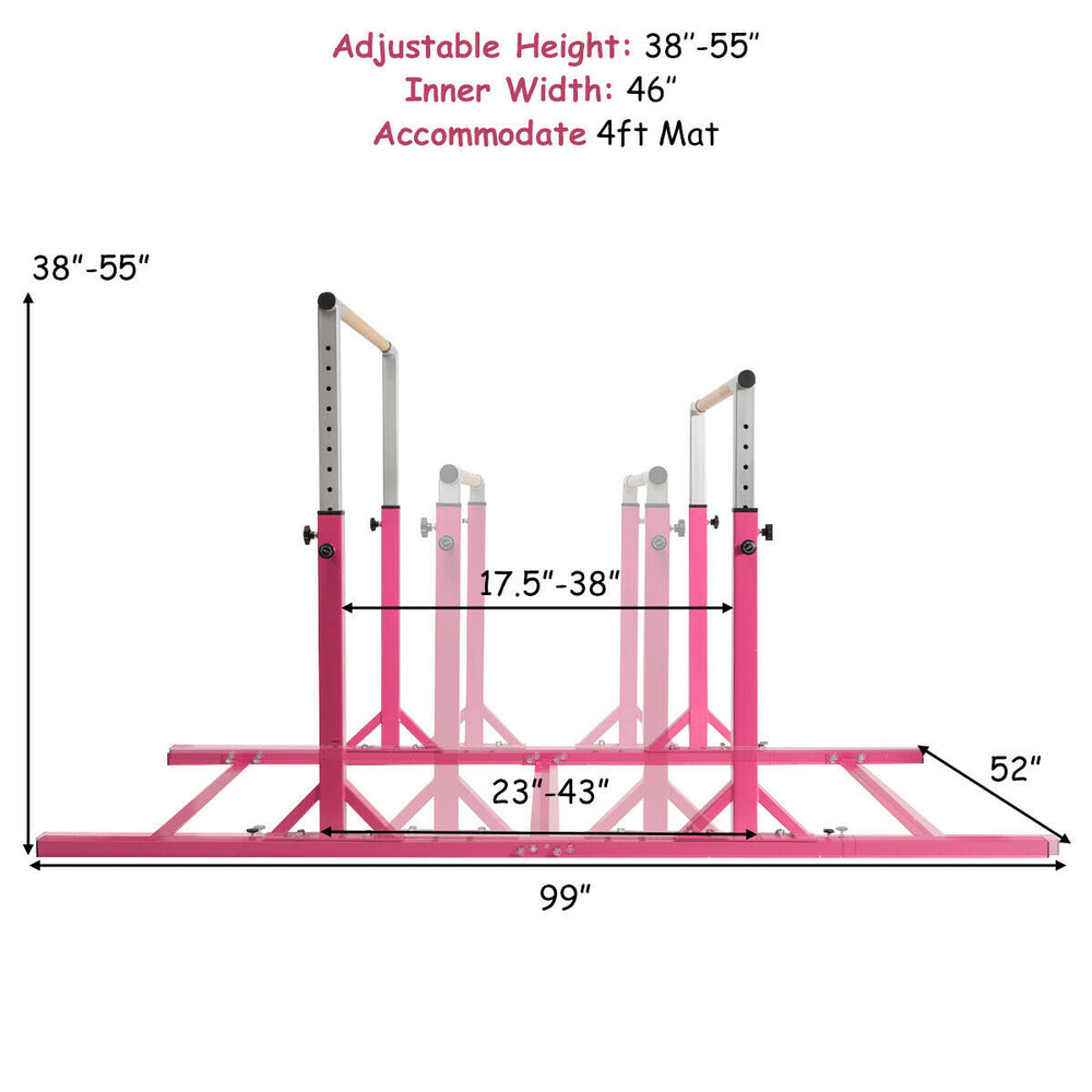Kids adjustable gymnastics parallel bars in pink, height 38"-55", sturdy A3 steel, ideal for children aged 6-12.