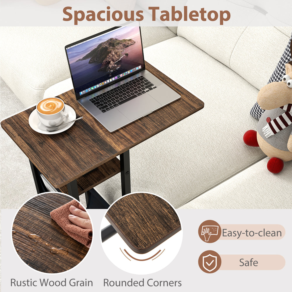 C-shaped end table with rustic wood grain, retractable tabletop, and built-in charging station for convenient use.