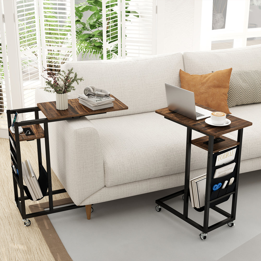 C-shaped end table with rustic wood grain, built-in charging station, and rolling casters for easy mobility.