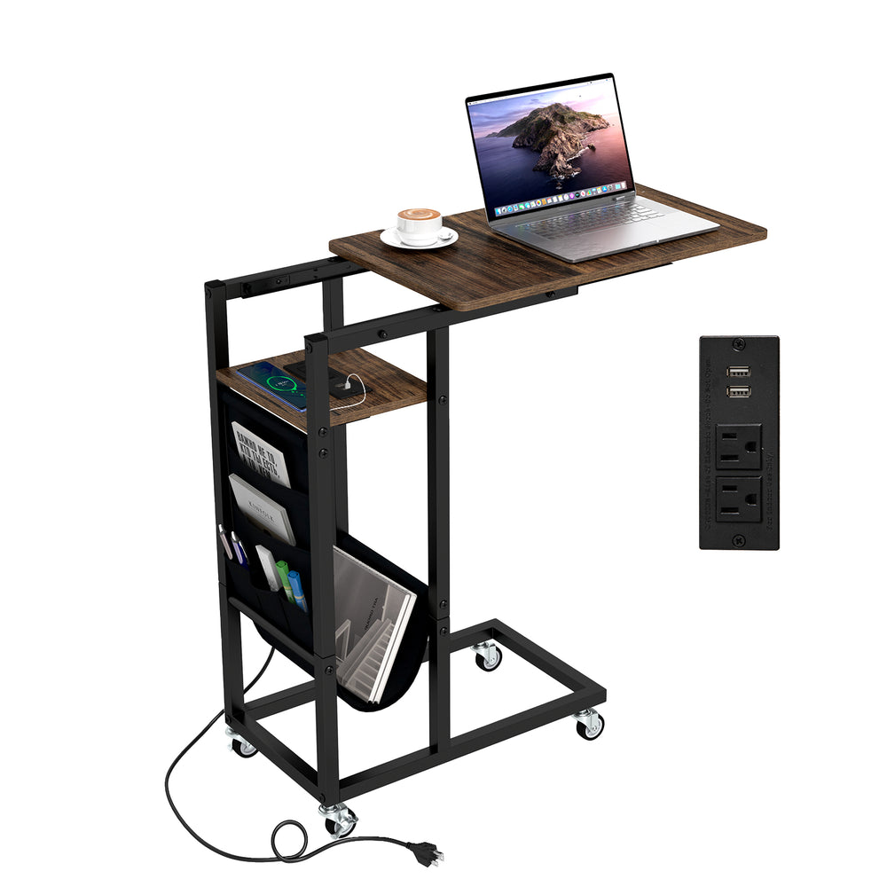 C-shaped end table showcasing a spacious tabletop, built-in charging station, and convenient storage pocket for.