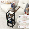 C-shaped end table with retractable tabletop, built-in charging station, and rustic wood grain for versatile storage.