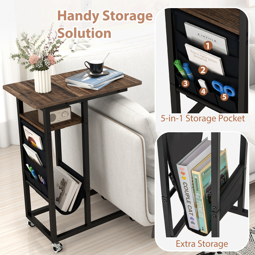 C-shaped end table with retractable tabletop, charging station, and 5-in-1 storage pocket for versatile use.