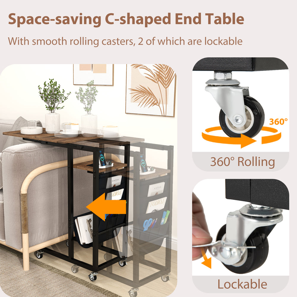 C-shaped end table with retractable tabletop, built-in charging station, and smooth rolling casters for easy mobility.