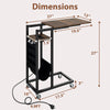 C-shaped end table with retractable tabletop, charging station, and wheels, featuring rustic wood grain and metal frame.