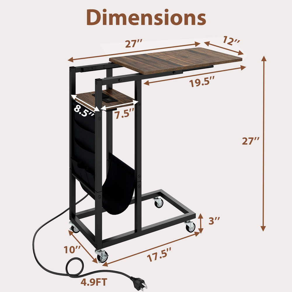 C-shaped end table with retractable tabletop, charging station, and wheels, featuring rustic wood grain and metal frame.