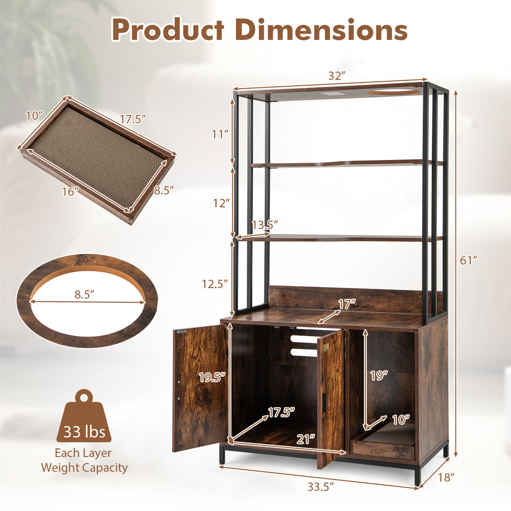 Product dimensions of the rustic brown cat litter box enclosure with storage and 3-tier shelves for discreet cat care.