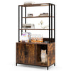 Cat litter box enclosure in rustic brown with 3-tier shelves and storage, featuring a hidden washroom and sturdy metal.