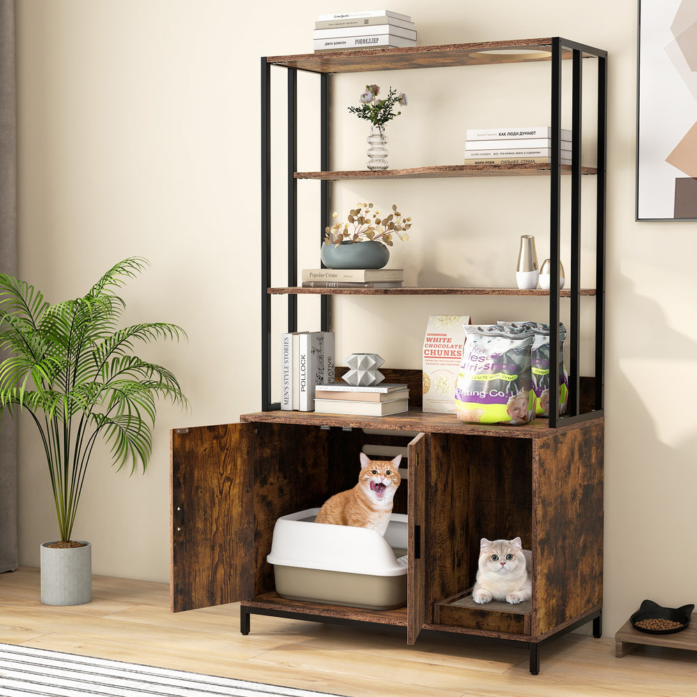Cat Litter Box Enclosure with Storage and 3-tier Shelves-Rustic Brown - Gallery View 1 of 10