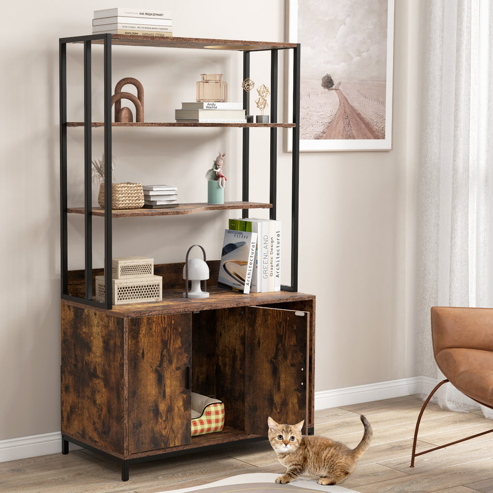 Rustic brown cat litter box enclosure with 3-tier shelves and storage, featuring a sturdy metal frame and ample space.