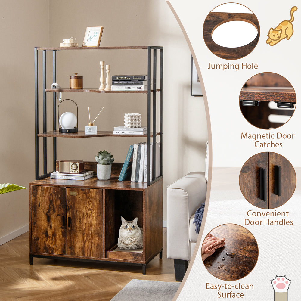 Cat litter box enclosure in rustic brown with 3-tier shelves, large cabinet, and jumping hole for discreet pet care.