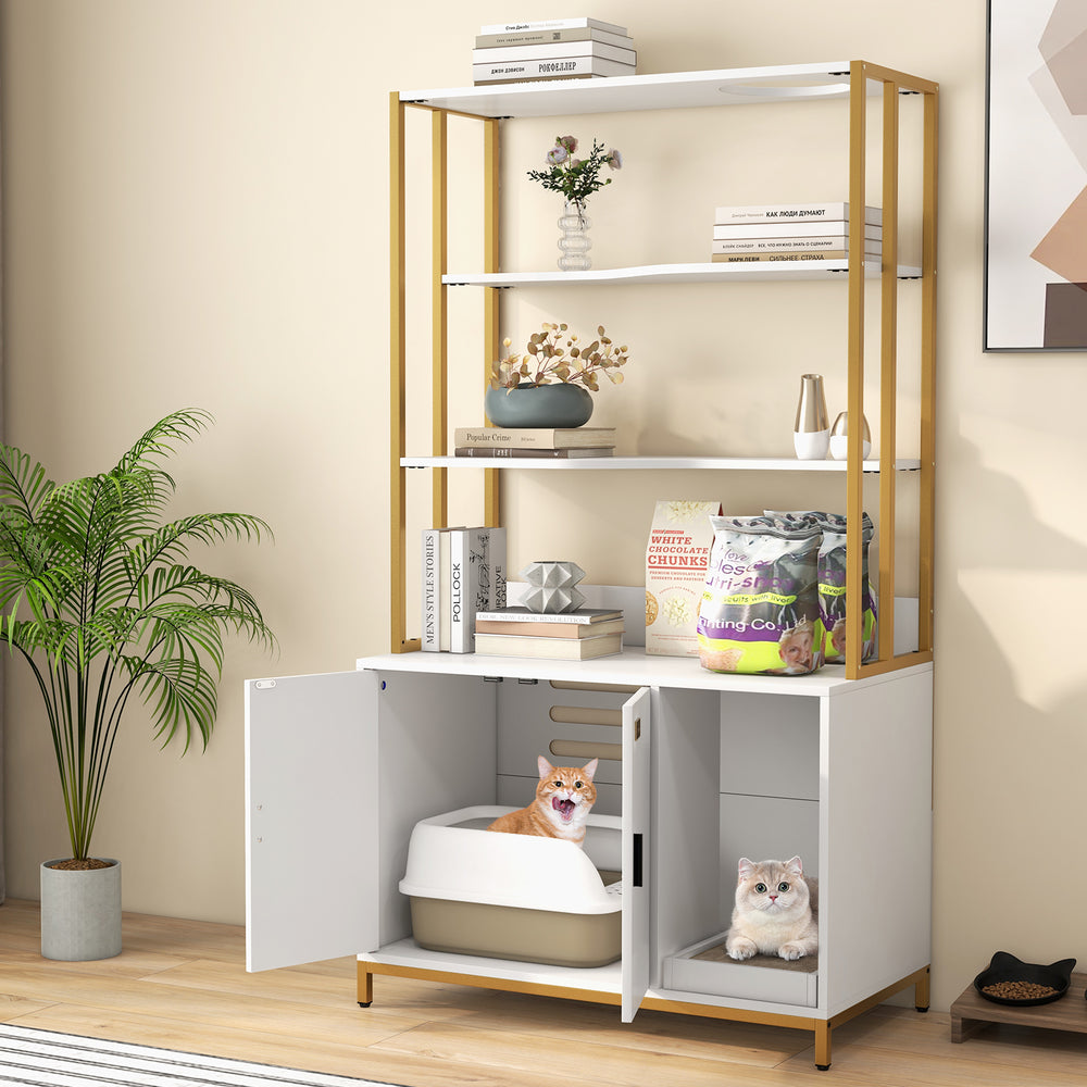 Cat Litter Box Enclosure with Storage and 3-tier Shelves-White - Gallery View 1 of 10