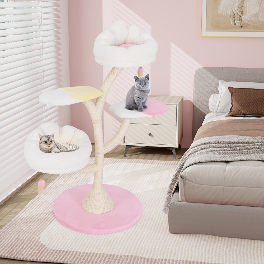 Multi-layer cat tree in pink with two perches and platforms, featuring removable covers for comfort and stability.