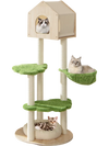 Cat climbing stand with sisal scratching posts, soft bed, and green platforms for indoor kittens, stylish and durable.
